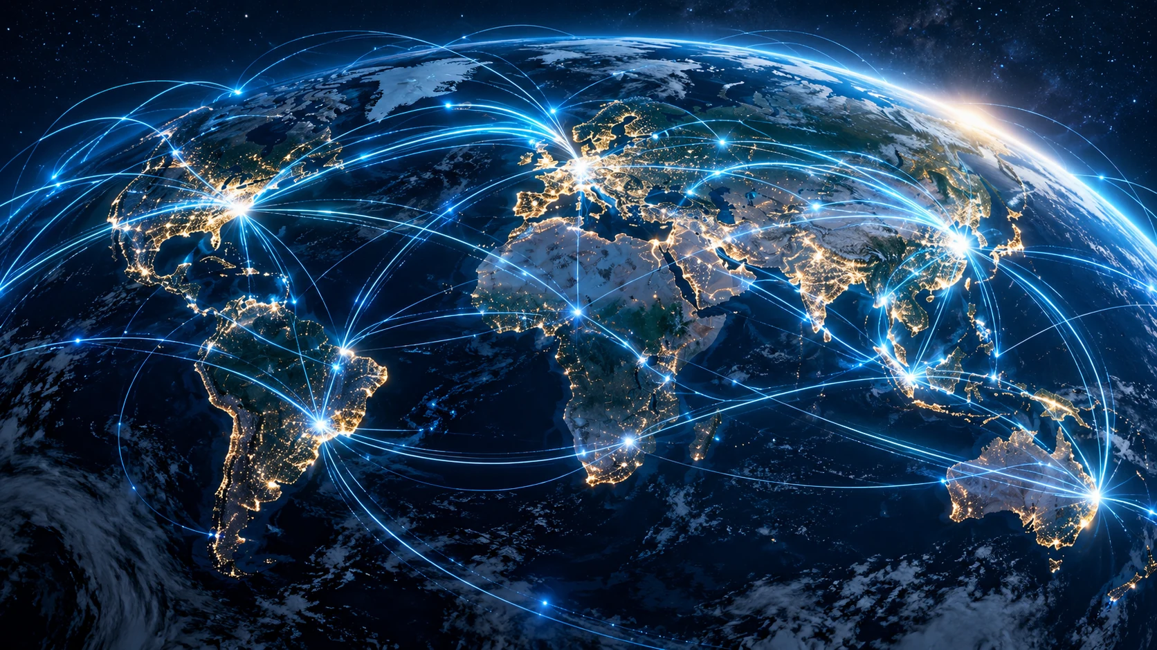 Illustrazione della Terra di notte attraversata da fasci luminosi che rappresentano interconnessioni globali ad alta velocità