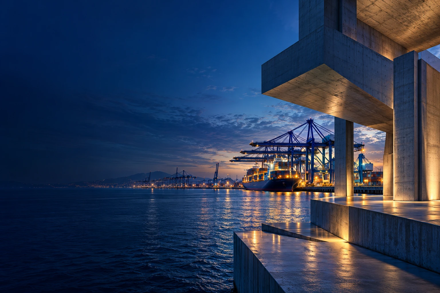 Visual illustrativo: architettura in calcestruzzo e connessioni marittime internazionali