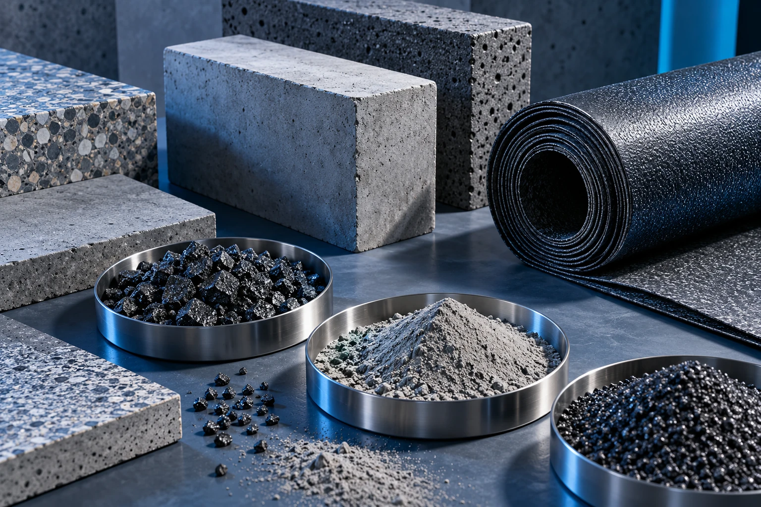 Composizione illustrativa di campioni di calcestruzzo, membrane e materie prime industriali